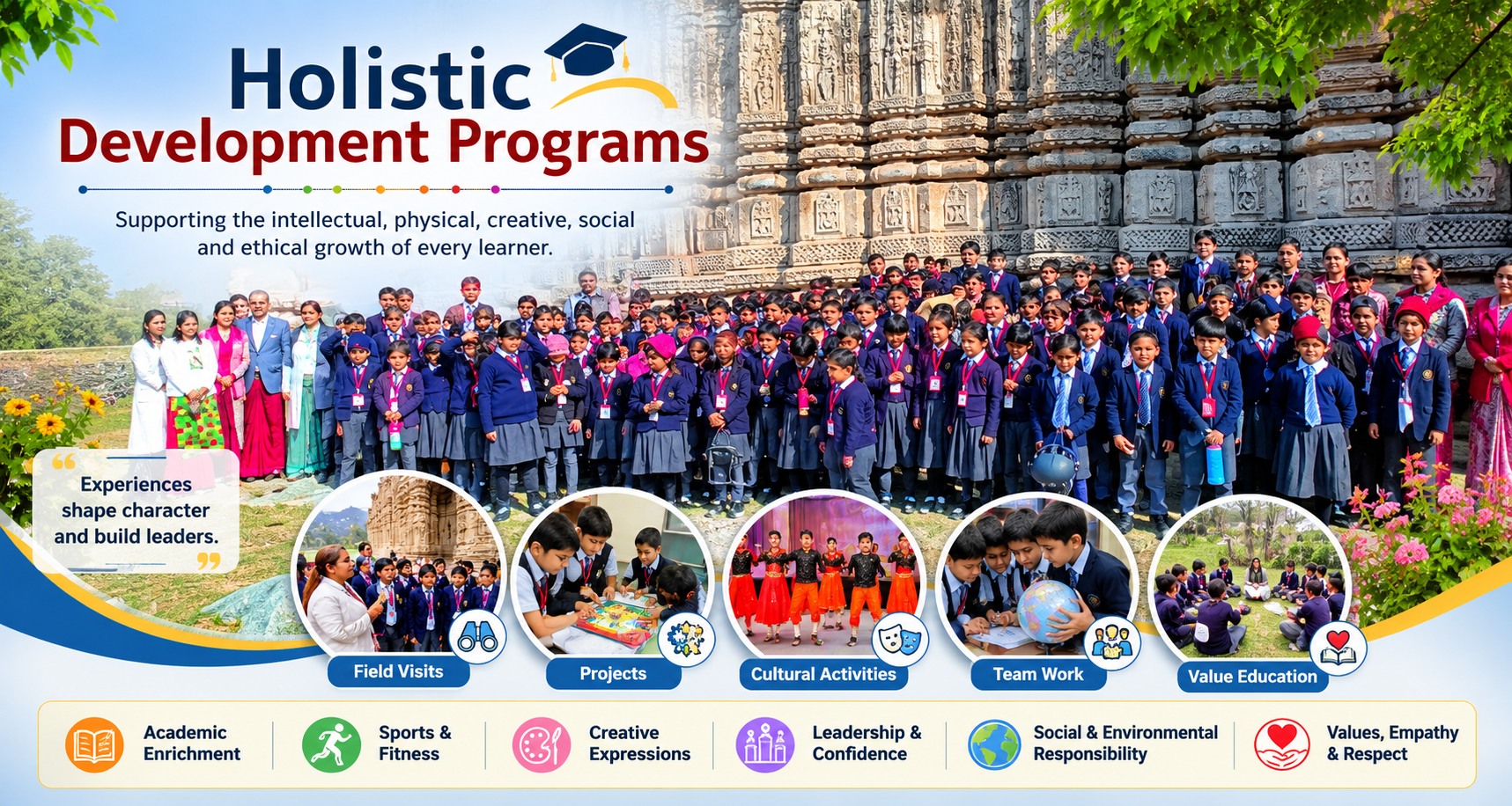 Projects, field visits, cultural activities, sports, teamwork, and leadership opportunities help students develop confidence, communication skills, responsibility, resilience, and a broader understanding of the world aro