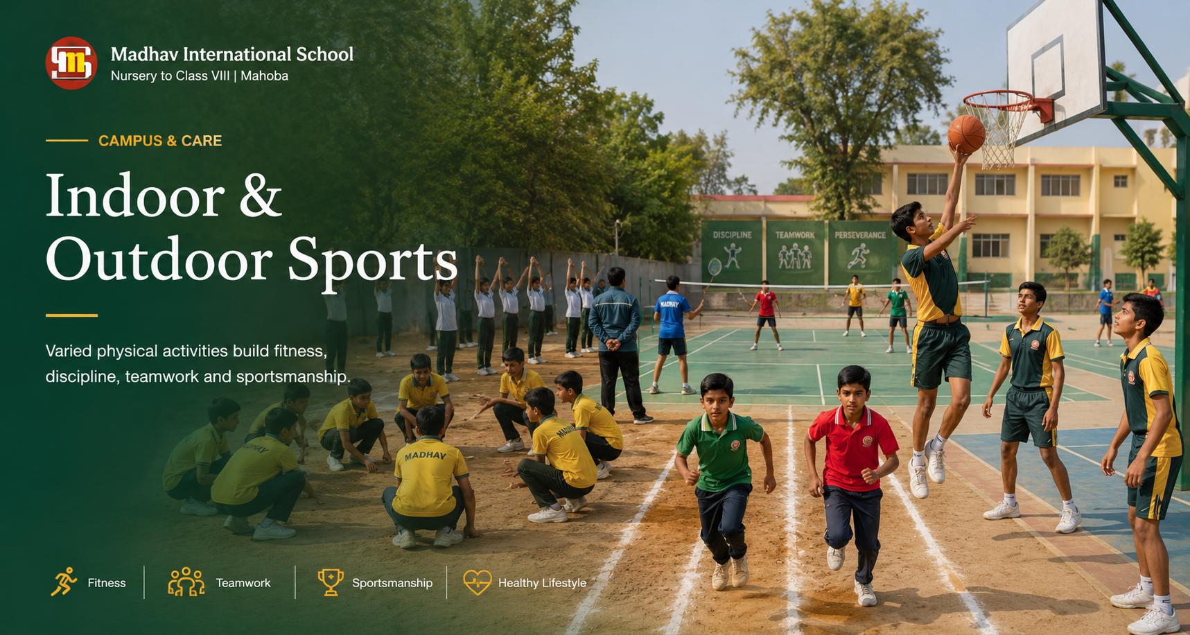 Indoor and outdoor sports activities help students develop physical fitness, discipline, teamwork, leadership and a healthy spirit of participation.